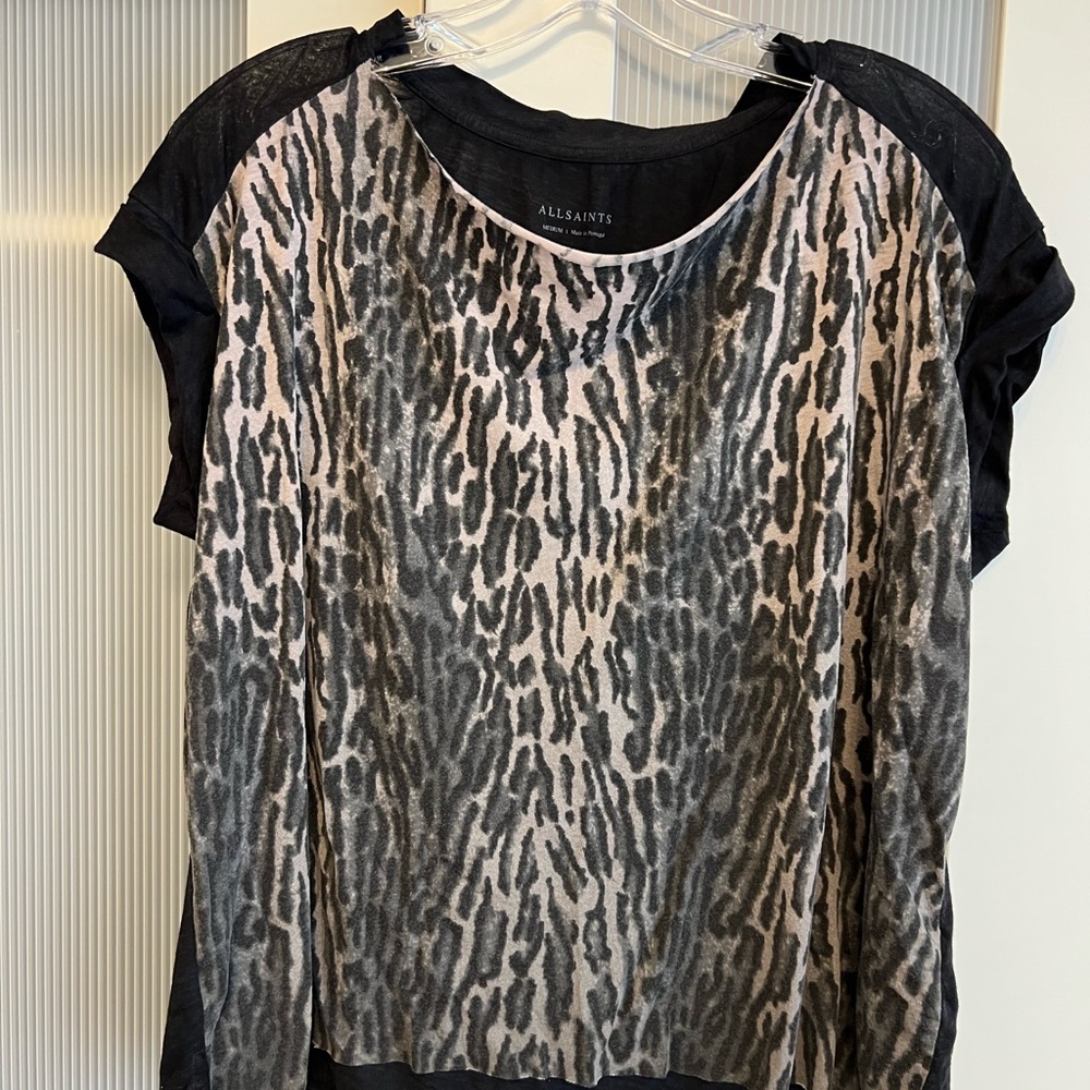 All Saints Black and Cream Animal Print Tee